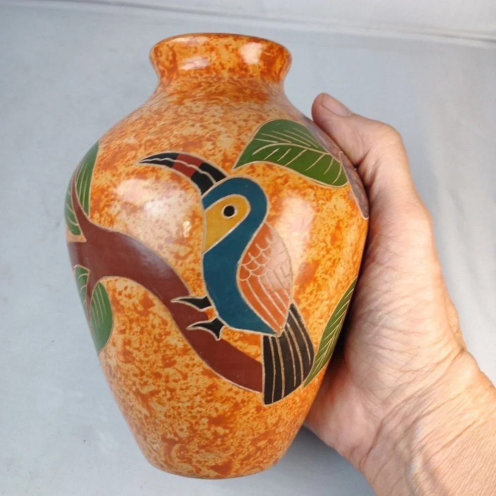 Handmade Pottery Vase Red Clay Toucans And Flowers Etched 5.5